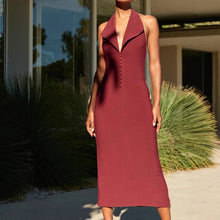 Load image into Gallery viewer, burgundy backless halter midi dress, bodycon midi dress, elegant halter neck dress, backless bodycon dress, elegant midi dress, evening wear dress, womens semi formal dress, sheath dress, burgundy halter dress, burgundy dress, stylish midi dress for party and formal events, elegant dress for dinner and weddings.