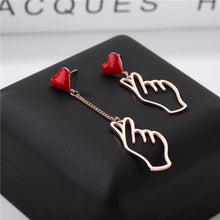 Load image into Gallery viewer, Heart Studs, Heart Dangle Earrings, Drop Heart Earrings, Earrings for women, Drop Earrings, heart earrings, dangle heart shaped earrings, womens fashion jewelry, heart drop earrings, korean finger heart earrings jewelry earrings, drop earrings, long earrings, party wear earrings, fun quirky earrings for women, long earrings, drop earrings, chanel heart hearrings, kate spade heart earrings.