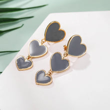 Load image into Gallery viewer, Grey heart shaped earrings, drop clip on heart earring, drop heart earrings, heart drop earrings, non pierced earrings, jewelry earrings, drop earrings, long earrings, party wear earrings, fun quirky earrings for women, Pink earrings for women,
