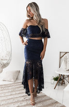 Load image into Gallery viewer, crochet two piece skirt set, crop top and skirt set, lace dress, two piece dress, two piece skirt set, two piece crochet set, two piece maxi dress, matching sets women, tiered ruffle dress, co ord skirt set, co ord sets, white lace dress, co ords, lace wedding dress, lace midi dress, 2 piece skirt set, lace cocktail dress, skirt set, wedding guest dress, wedding guest outfits, prom & dance dress.