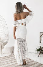 Load image into Gallery viewer, tube top and skirt set, crochet two piece skirt set, crop top and skirt set, lace dress, two piece dress, two piece skirt set, two piece crochet set, two piece maxi dress, matching sets women, tiered ruffle dress, co ord skirt set, co ord sets, white lace dress, co ords, lace wedding dress, lace midi dress, 2 piece skirt set, lace cocktail dress, skirt set, wedding guest dress, wedding guest outfits, prom & dance dress.