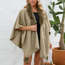 Load image into Gallery viewer, cape shawl, cape poncho, oversized fur cape, womens winter clothing, fur trim cape shawl, fur cape, sweater top, poncho sweater, cape coat women, oversized knit cape, poncho cardigan, stylish winter coats for women, fur cape, fur collar cardigan, fur collar sweater, poncho shawl, fashionable women's outerwear.