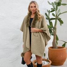 Load image into Gallery viewer, cape shawl, cape poncho, oversized fur cape, womens winter clothing, fur trim cape shawl, fur cape, sweater top, poncho sweater, cape coat women, oversized knit cape, poncho cardigan, stylish winter coats for women, fur cape, fur collar cardigan, fur collar sweater, poncho shawl, fashionable women's outerwear.
