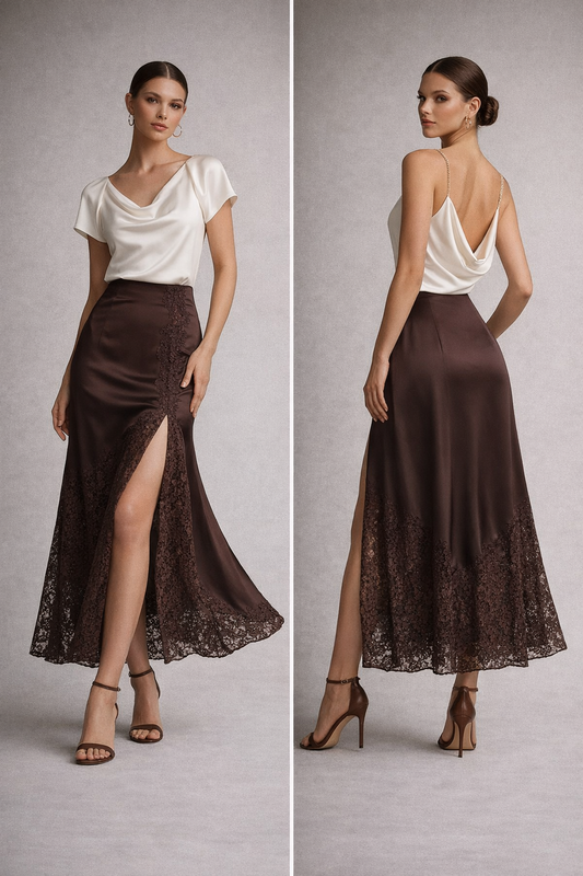 lace satin midi skirt, elegant midi skirt, Brown satin midi skirt, glossy satin fabric with elegant lace hem skirt styling, body-skimming silhouette, satin lace midi skirt for date night outfit, ideal for evening dinner styling, lace trim skirt, lace trim satin slip skirt.