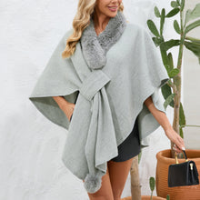 Load image into Gallery viewer, cape shawl, cape poncho, oversized fur cape, womens winter clothing, fur trim cape shawl, fur cape, sweater top, poncho sweater, cape coat women, oversized knit cape, poncho cardigan, stylish winter coats for women, fur cape, fur collar cardigan, fur collar sweater, poncho shawl, fashionable women's outerwear.