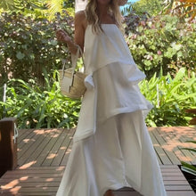 Load image into Gallery viewer, casual chic white maxi for vacation, white tiered maxi dress, ruffle tiered long flowy maxi dress, summer vacation outfits, beach outfit, noodle strap dress, square neckline summer cami dress, trendy white summer dress for women 2025, romantic white maxi dress for date night.