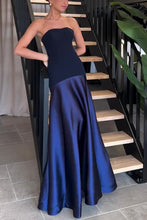 Load image into Gallery viewer, long strapless dress with flowy skirt, Tube Dress, Strapless Tube Maxi Dress, long maxi cocktail dress, gorgeous maxi gown, party dresses, party dresses for women,  cocktail attire women, long pleated maxi dress, long bodycon maxi dress, navy cocktail dress.