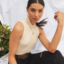Load image into Gallery viewer, neutral color Fall ribbed knit tank top,  sleeveless slim fit knitwear essential for women’s capsule wardrobe and elegant autumn layering outfit inspiration.