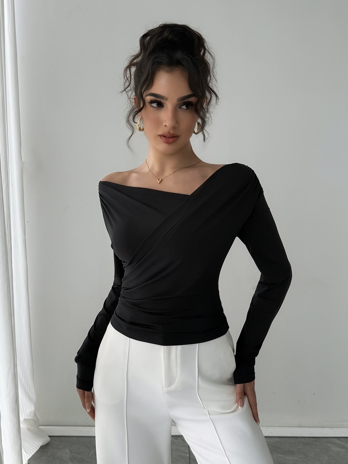 Off shoulder burgundy blouse for women, slim fit chic work wear top styled for desk to dinner outfits, elegant office blouse, brunch ready fall fashion top, versatile business casual wear.