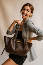 Load image into Gallery viewer, work tote for women, Women’s luxury tote bag Solenne in chocolate brown with gold hardware, business tote bag women, a chic oversized work bag women love for business tote bag styling, meetings, and fall outfits, office bag women.
