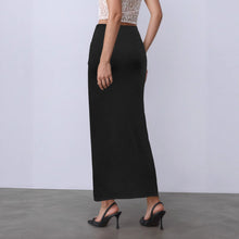 Load image into Gallery viewer, Women’s high slit ruched maxi skirt with knot-front drape, neutral outfit staple for date night looks, travel dinners, and holiday parties.