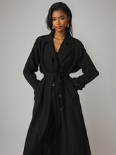 Load image into Gallery viewer, Black trench coat women, oversized double breasted trench coat, belt waist trench, full length trench coat women, old money fall outfit trench, workwear trench.