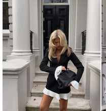 Load image into Gallery viewer, suit coat dress, suit dress, blazer dress, pleated blazer dress, black mini dress, women's casual formal wear, suit dress for women, old money outfit ,Long Sleeve Mini Dress, Deep V Neck Dress, contrast color dress, Old Money Chic Dress, Sheath Fit Dress, Black Mini Dress with White Trim.