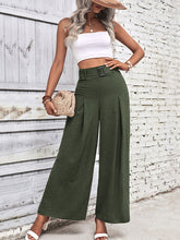 Load image into Gallery viewer, olive green wide leg pants women – high waisted belted trousers, wrinkle free work pants outfit, chic flowy trousers for business casual, stylish wide leg workwear pants for women.