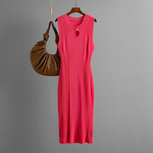 Load image into Gallery viewer, sleeveless knit dress, bodycon midi dress, Slim-fit sleeveless viscose midi dress ,crew neck bodycon knit dress perfect for cocktail outfit, summer date dress, chic dinner party vibe in neutral and bold tones.