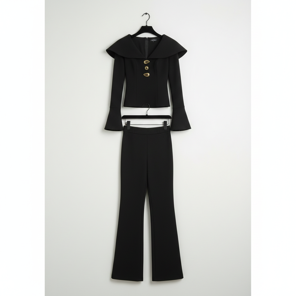 Freya Black Structured Fancy Pantsuit | Sculpted waist peplum blazer flared pants suit set | Two Piece pants set