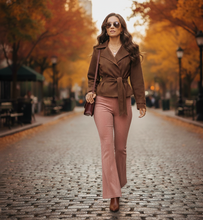 Load image into Gallery viewer, short trench jacket, petite trench coat,  Belted suede jacket women and short trench coat women with rich cognac tone, styled as fall suede trench coat outfit, perfect quiet luxury suede jacket look for city strolls.