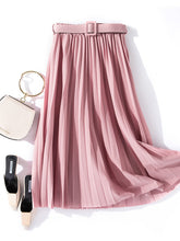 Load image into Gallery viewer, Parisian chic outfit, Flowy pleated skirt with belt, the perfect brunch outfit idea for women this fall. Autumn pleated skirt outfit pairs with blazers, coats, and turtlenecks for Parisian chic fall fashion looks.