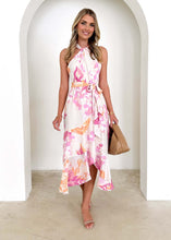 Load image into Gallery viewer, floral midi dress, halterneck floral midi dress, ruffle hem dress, ruffle dress,high halterneck dress, floral wedding guest dress, halterneck floral midi dress, ruffle tierd hem dress, spring summer dress, Spring Floral Midi Dress, pink halter dress, floral midi dress wedding guest.