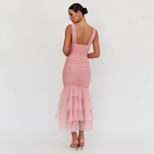 Ruched tulle and lace bodycon maxi dress with tiered ruffle hem, sleeveless, fitted tulle party dress, perfect for summer wedding guest dress or wedding cocktail party outfit, midi party dresses, ruched bodycon dress.