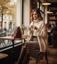 Load image into Gallery viewer, Office appropriate plaid skirt with belt, plaid belted skirt outfit ideas for coffee dates, brown plaid midi skirt, smart casual outfit skirt styling, preppy chic plaid skirt for work, smart casual outfit skirt, belted midi skirt