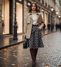 Load image into Gallery viewer, office skirt women, Timeless plaid A-line skirt women, belted midi skirt with bronze buckle, fall plaid skirt outfits, classy fall outfit skirt styling, midi skirt with belt office look for women over 30, fall plaid skirt