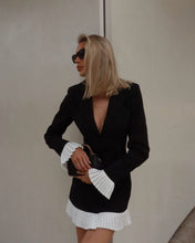 Load image into Gallery viewer, black and white mini dress, black and white blazer dress, old money outfit, Long Sleeve Mini Dress, Deep V Neck Dress, Editorial Style Dress, Luxury Mini Dress, High Fashion Mini Dress, Old money chic dress with long sleeves, Long sleeve sheath fit dress with contrast details.