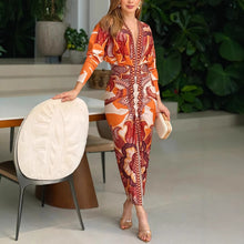 Load image into Gallery viewer, ruched maxi dress, floral maxi dress, floral maxi dress with sleeves, pleated maxi dress, pleated dress, Floral ruched maxi dress,  Plunging V-neck maxi dress, Ruched bodycon maxi dress, Maxi dress with front slit, long floral dress.