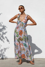 Load image into Gallery viewer, plunging v neckline floral maxi dress, summer floral maxi sundress, floral maxi dress, flowy maxi dress, long maxi dress, ruffle maxi dress, maxi sundress, flowy maxi sundress, boho maxi dress, beach maxi dress, vacation dress, long flowy dresses, summer sundress, long dresses for women.
