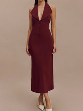 Load image into Gallery viewer, burgundy backless halter midi dress, bodycon midi dress, elegant halter neck dress, backless bodycon dress, elegant midi dress, evening wear dress, women's semi formal dress, sheath dress, burgundy halter dress.