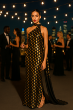 Load image into Gallery viewer, halter neck polka dot dress, open back cocktail party maxi dress, golden polka dot maxi dress, wedding guest dress, chiffon cocktail maxi dress, halter backless maxi dress.