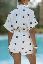 Load image into Gallery viewer, polka dot outfit 2025 trends, pool party outfit set women, White linen shirt and shorts two piece set women adore chic belted wrap shirt co ord for casual summer outfits, beach kimono set vibes, and elevated resort style.