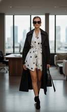 Load image into Gallery viewer, White polka dot shirt and shorts co ord set for women featuring a belted wrap shirt and linen shorts perfect summer resort two piece set for brunch, beach, and travel looks, two piece lounge sets, two piece outfit shorts