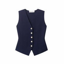 Load image into Gallery viewer, slim fit vest, minimalist vest women, gold button vest, women’s vest fashion, chic layering office outfit vest, power dressing vest women, vest with gold buttons women.