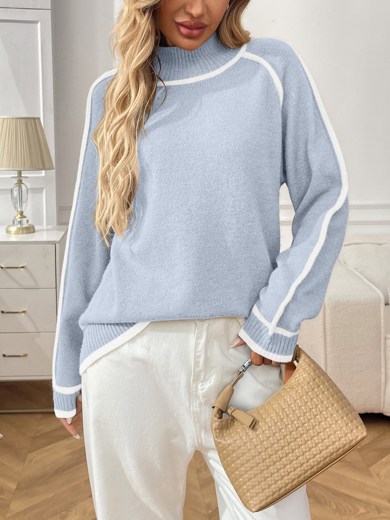 Cozy knit turtleneck sweater for women with contrast trim and modern piping detail, classy camel beige pullover for brunch, weddings, or business casual office outfits this fall, high neck knit sweater women, old money quiet luxury knit, contrast trim turtleneck sweater.