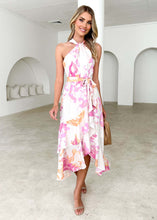 Load image into Gallery viewer, floral midi dress, halterneck floral midi dress, ruffle tiered hem dress, ruffle dress,high halterneck dress, floral wedding guest dress, halter midi dress, halterneck midi dress, floral print dress, flowy floral dress, pink floral dress.