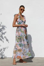 Load image into Gallery viewer, smock maxi dress, floral maxi sundress, pleated summer maxi dress, ruffle floral maxi dress, plunging v neckline boho floral dress, resort wear dresses, vacation dresses for women, boho floral dress,    Beachwear dress for women, Spring floral dress , Lightweight summer dress.