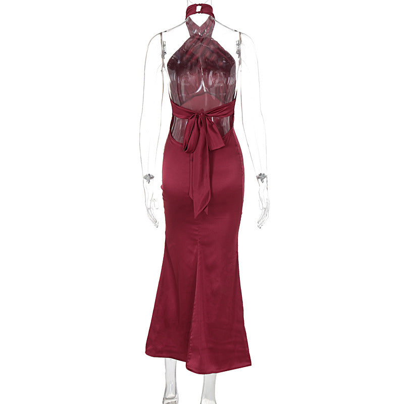 Brittany Cross Halter Satin Bodycon Maxi Dress – Elegant Evening Gown | Sculpted satin Evening Party dress