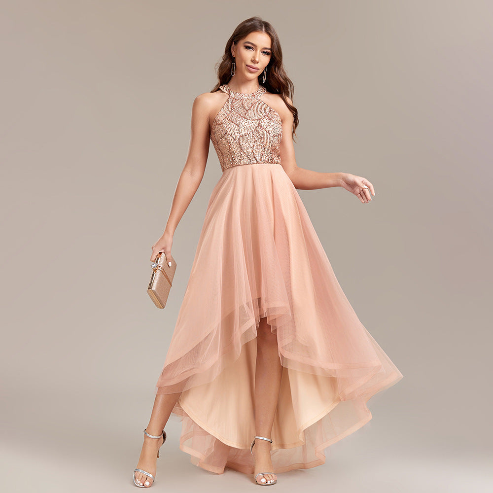Champagne Glow Halterneck Sequin Party Dress | Tulle Sparkly Dress