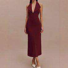 Load image into Gallery viewer, burgundy backless halter midi dress, bodycon midi dress, elegant halter neck dress, burgundy halter dress, burgundy dress, summer backless dress, halter midi dress, formal midi dress, sheath dresses for women, luxury fashion dress, timeless midi dress, backless halterneck midi dress for women.