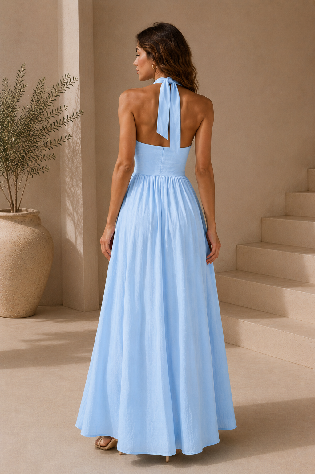 sky blue halter maxi, gathered bust maxi dress, Open back maxi dress with high waist A-line maxi fit and long adjustable ties, creating a soft vacation open back maxi aesthetic for beach brunch maxi dress and destination wedding guest maxi styling, summer A-line halter.