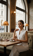 Load image into Gallery viewer, sleeveless blazer set, tailored pantsuit women, classy fall outfits women, old money fall outfit, wide-leg trousers set, power blazer suit women, White Pinstripe Vest Pantsuit Set,