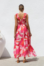 Load image into Gallery viewer, smock maxi dress, floral maxi sundress, pleated summer maxi dress, ruffle floral maxi dress, plunging v neckline boho floral dress, resort wear dresses, vacation dresses for women, boho floral dress,    Beachwear dress for women, Spring floral dress , Lightweight summer dress.