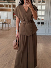 Load image into Gallery viewer, co-ord sets for women formal, Tailored pants set women in rich brown, power suiting women 2025 trend with wide leg trousers and wrap top, business casual pant set women look perfect for fall tailored suit set styling, winter office suit set for women, suit set women.