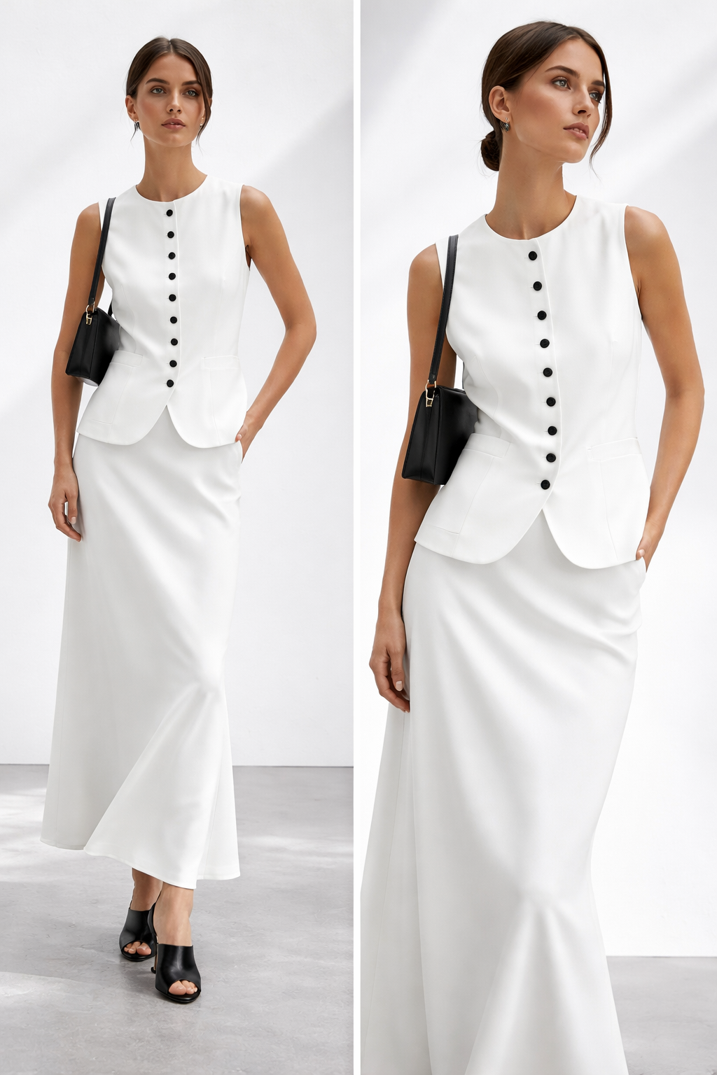 two piece skirt set, two piece vest set, outfit sets women, white maxi skirt set, coord set skirt, vest skirt set, spring coord sets, tailored vest maxi set, white coord set