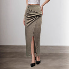 Load image into Gallery viewer, Taupe ruched maxi skirt with slit, knot-front silhouette, women’s chic vacation dinner outfit, capsule wardrobe essential, Pinterest aesthetic.