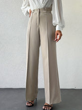 Load image into Gallery viewer, French minimalist column pants, wide-leg high waist trousers for women, versatile work to evening outfit, travel-ready neutral beige office look.