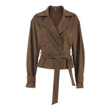 Load image into Gallery viewer, Cropped suede trench coat women, belted suede jacket women ideal for workwear trench coat outfit, quiet luxury suede jacket aesthetic meets timeless old money trench coat energy.