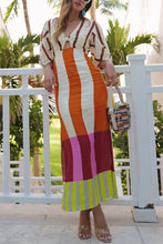 Load image into Gallery viewer, vertical stripe maxi dress, knotted bust maxi dress, front knot colorblock maxi dress, side slit maxi dress, cutout knot maxi dress, summer maxi dress, breathable summer dress for holiday, bright colorblock maxi dress.
