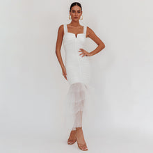 Load image into Gallery viewer, tiered ruffle sheath bodycon dress for evening, white mesh bodycon dress with square neckline, white bodycon dress, tiered ruffle dress, tulle wedding guest dress.